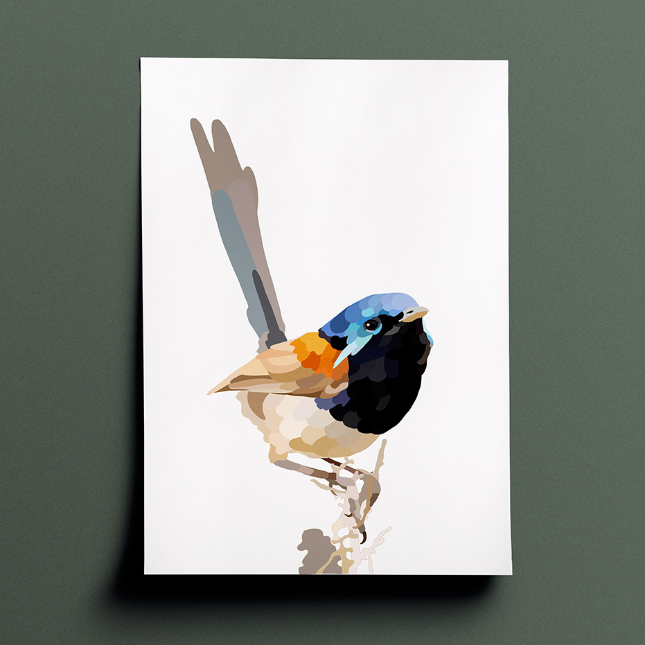Amelia's interpenetration and vision of a Variegated Fairywren in various shades of blue, black, orange brown and grey done in a block, shaded patchwork type style. The drawing is angled so that you can see both the front and side of the bird who is perched on a branch and facing to the right of the page.