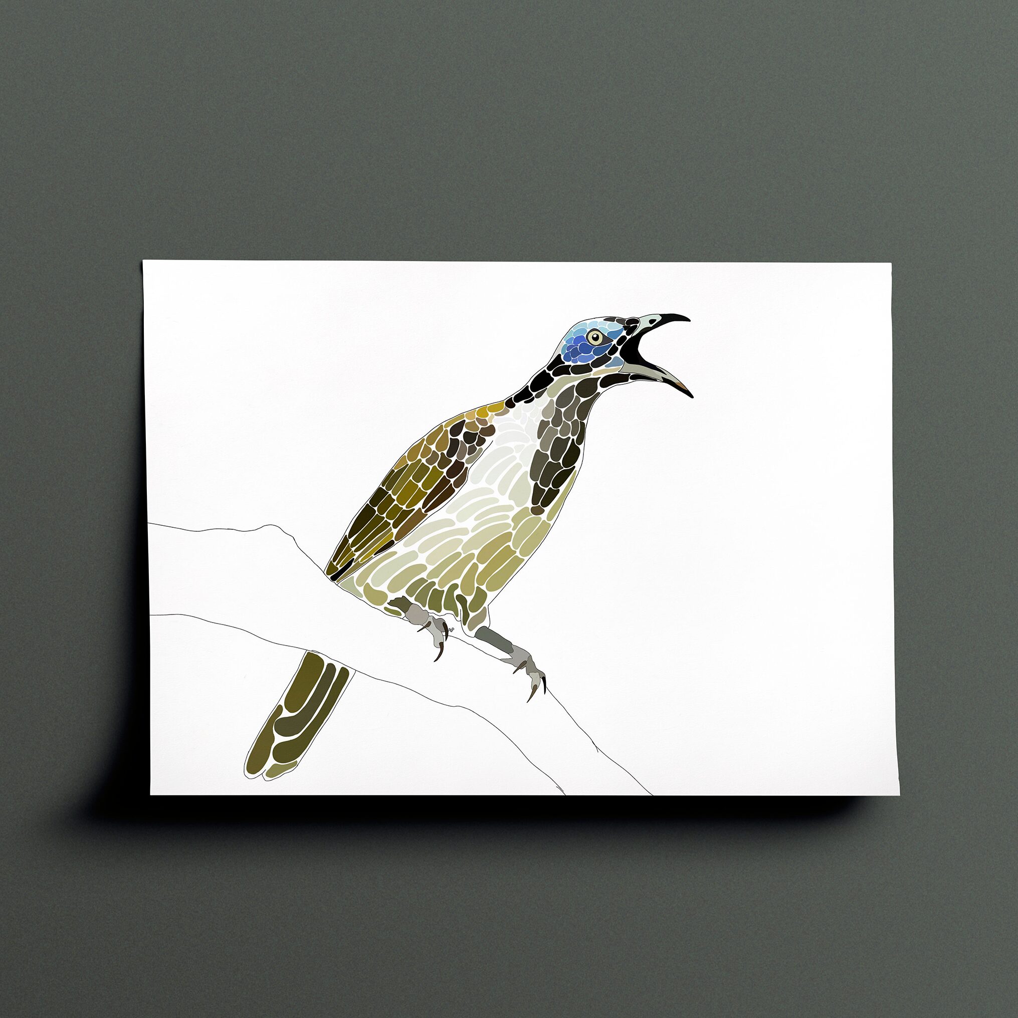Amelia's interpenetration and vision of a blue-faced honeyeater in various shades of brown, green, grey and blue done in a terrazzo type style. The drawing is both of the birds side and front as it is perched on a branch with its beak wide open mid call. The bird is facing to the left of the page.