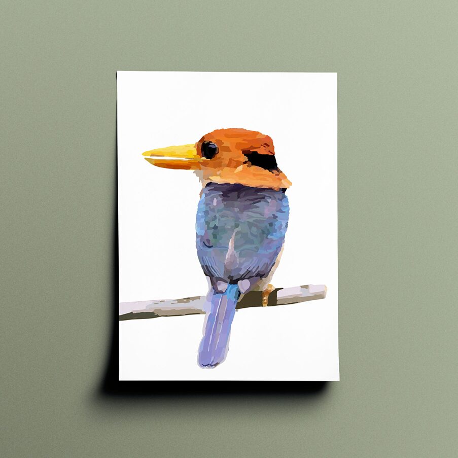 Amelia's interpenetration and vision of a yellow-billed kingfisher in various shades of yellow, orange, blue and brown done in a block, shaded patchwork type style. The drawing is a rear view of the bird perched on a branch with his head side on facing the left of the page.