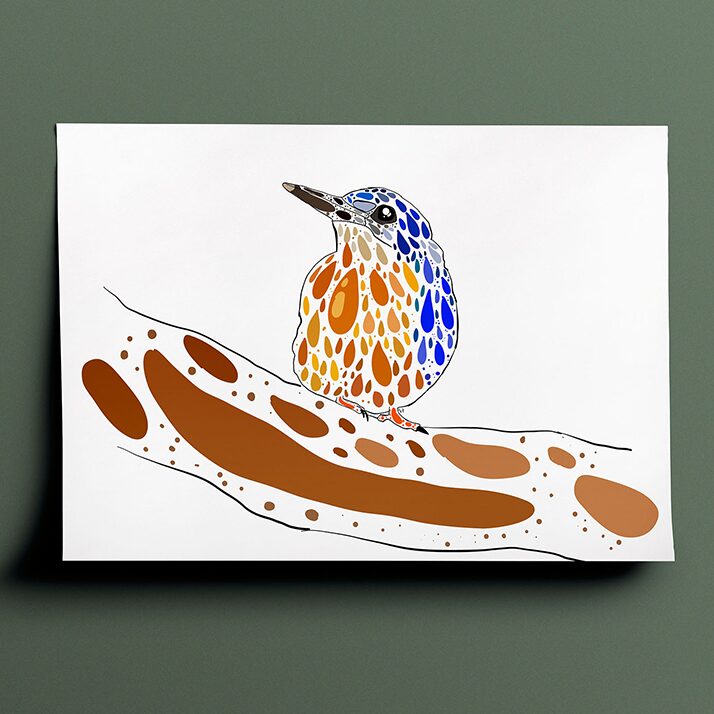 Amelia's interpenetration and vision of an azure kingfisher in various shades of brown, blue and orange done in a terrazzo type style. The drawing is a front view of the bird perched on a large branch with its head facing to the left of the page.