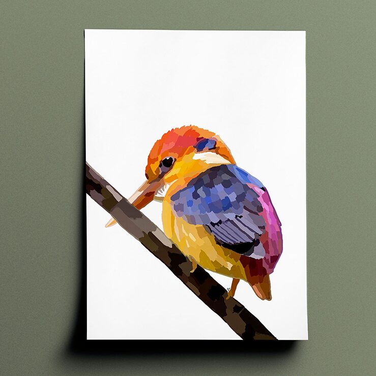 Amelia's interpenetration and vision of an oriental dwarf kingfisher in various shades of brown, orange, yellow, blue, purple and pink done in a block, shaded patchwork type style. The drawing is a side view of the bird who is perched on a branch facing to the left of the page. The bird's beak is behind the branch.