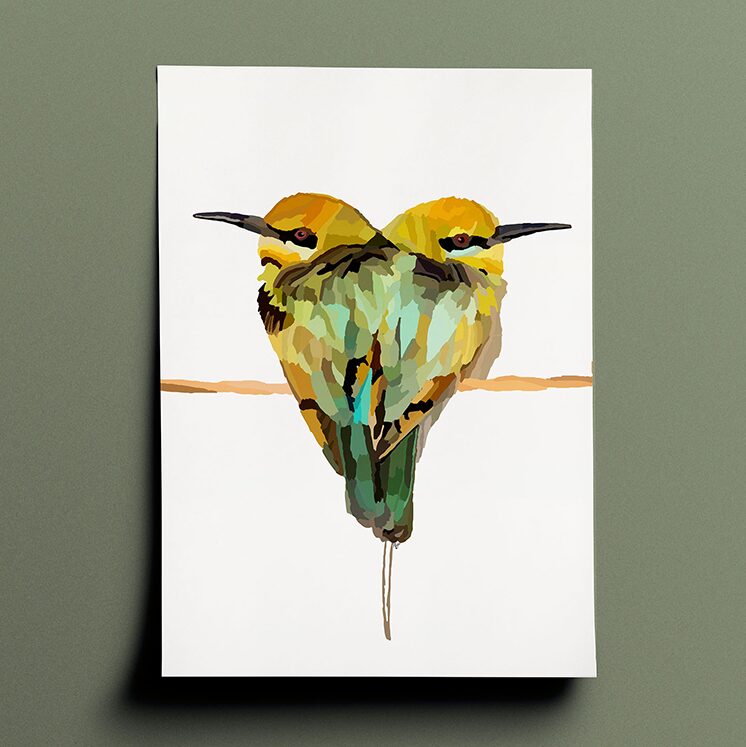 Amelia's interpenetration and vision of two rainbow bee-eaters in various shades of yellow, green and brown done in a block, shaded patchwork type style. The drawing is a side view of a pair of birds sitting on a wire with their backs to each other and each facing outwardly. Together the bird pair form a heart shape.