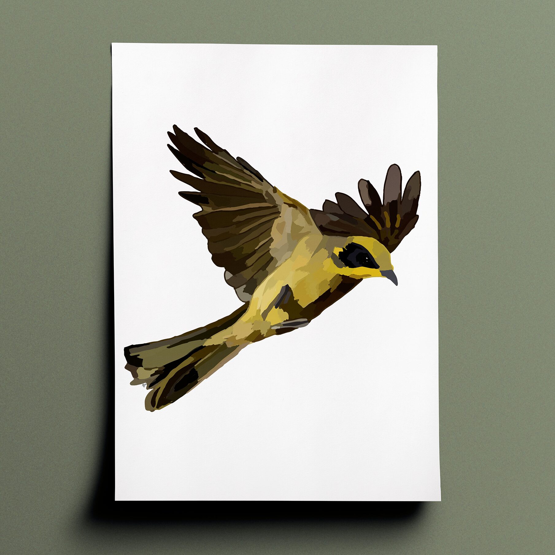 Amelia's interpenetration and vision of a helmeted honeyeater in various shades of yellow and brown done in a block, shaded patchwork type style. The drawing is a side view of the bird mid flight who is facing to the right of the page.