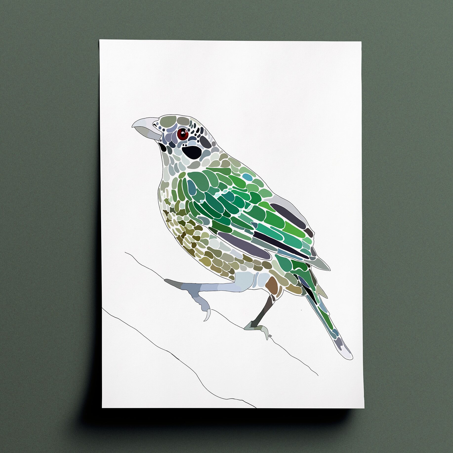 Amelia's interpenetration and vision of a spotted catbird in the various shades of green and grey done in a terrazzo type style. The drawing is a side view of the bird perched on a branch who is facing to the left of the page.