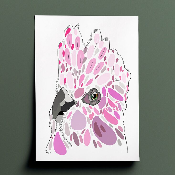 Amelia's interpenetration and vision of a galah in various shades of pink and grey done in a terrazzo type style. The drawing is a front and side portrait of the birds head and plumage with the bird facing outwards to the left of the page.