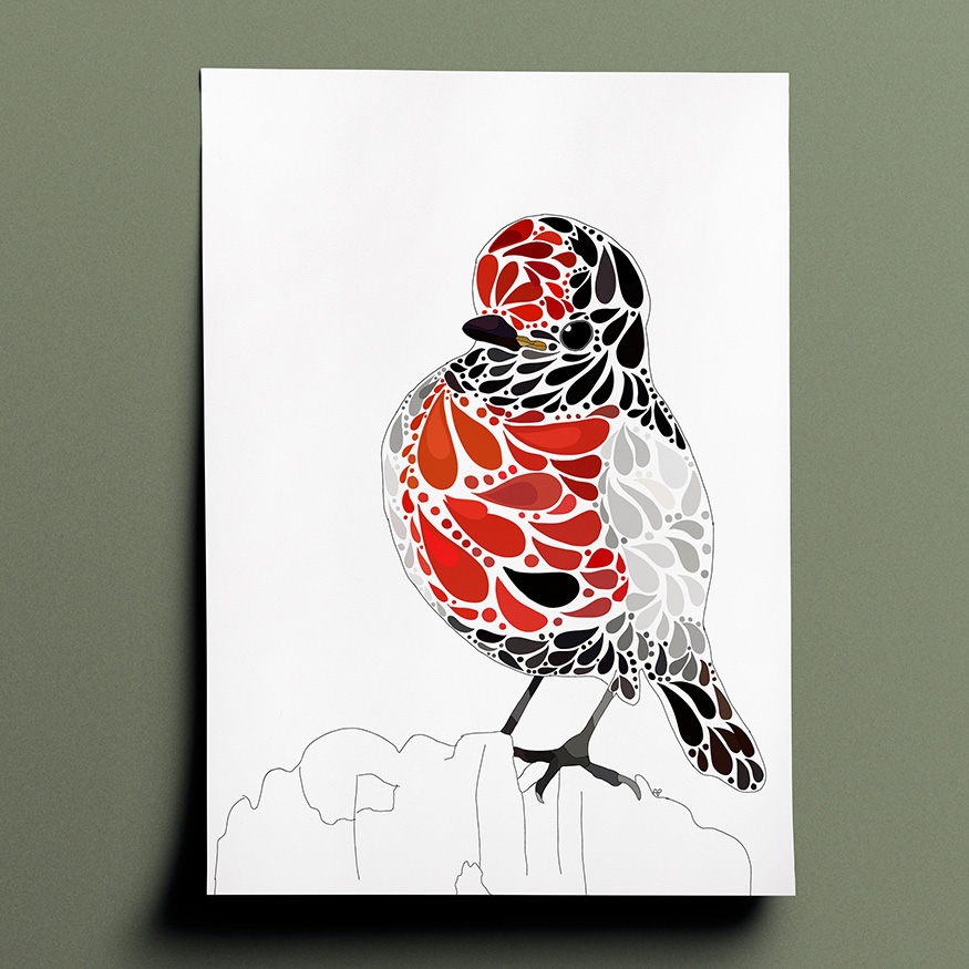 Amelia's interpenetration and vision of a red-capped robin in various shades of red, black and grey done in a terrazzo type style. The drawing is a front and side view of the bird who is perched on some rocks and facing outwards to the left of the page.